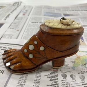 Beautiful Antique Victorian Wooden Shoe/Sandal Snuff Box With Brass & Bone